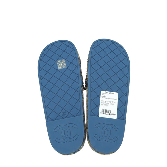 Chanel Blue Multicolor CC Braided Tweed Platform Sandals 39