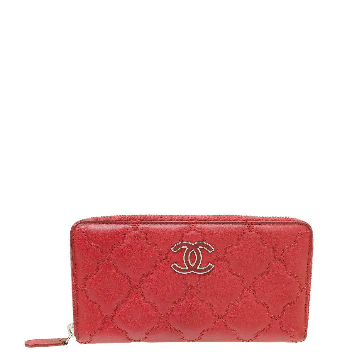 Chanel Red CC Over Stitches Zip Around Wallet-Chanel-THE CLOSET