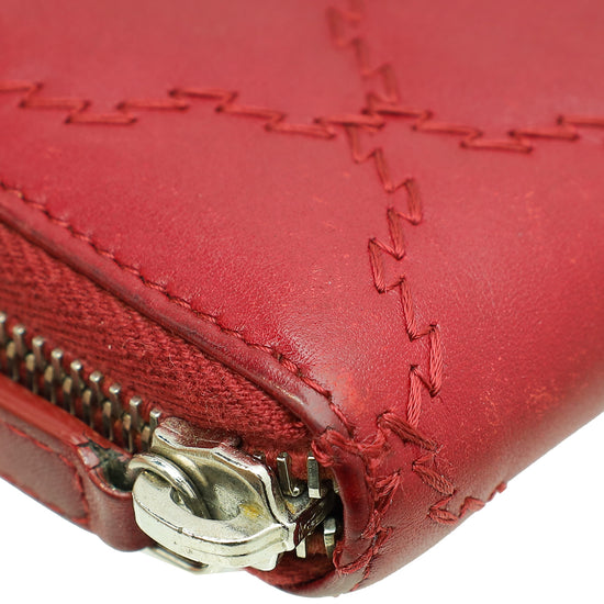 Chanel Red CC Over Stitches Zip Around Wallet