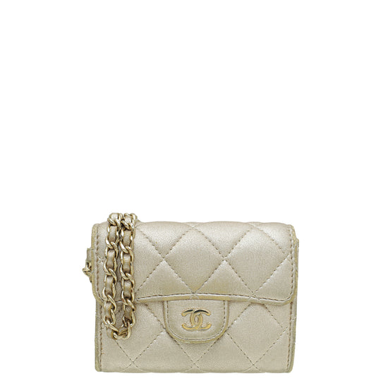 Chanel Metallic Light Gold CC Flap Compact Wallet w/ Chain Wristlet