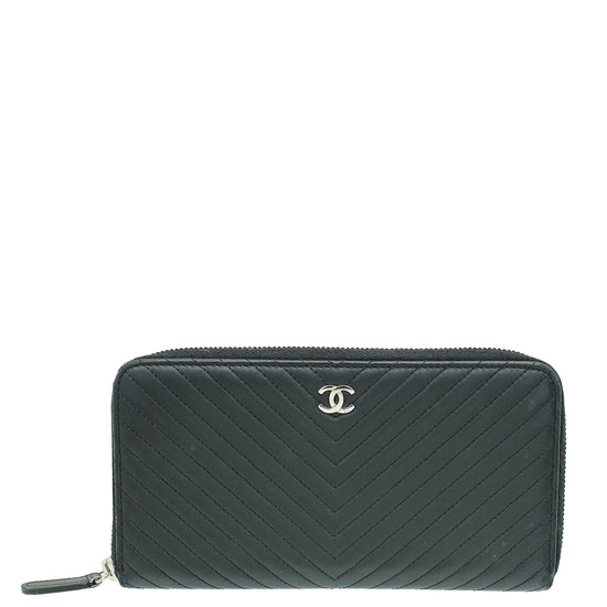 Chanel Black CC Chevron L-Gusset Zip Wallet
