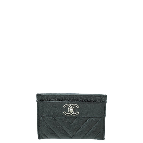 Chanel Black Chevron Vintage Mademoiselle Card Holder