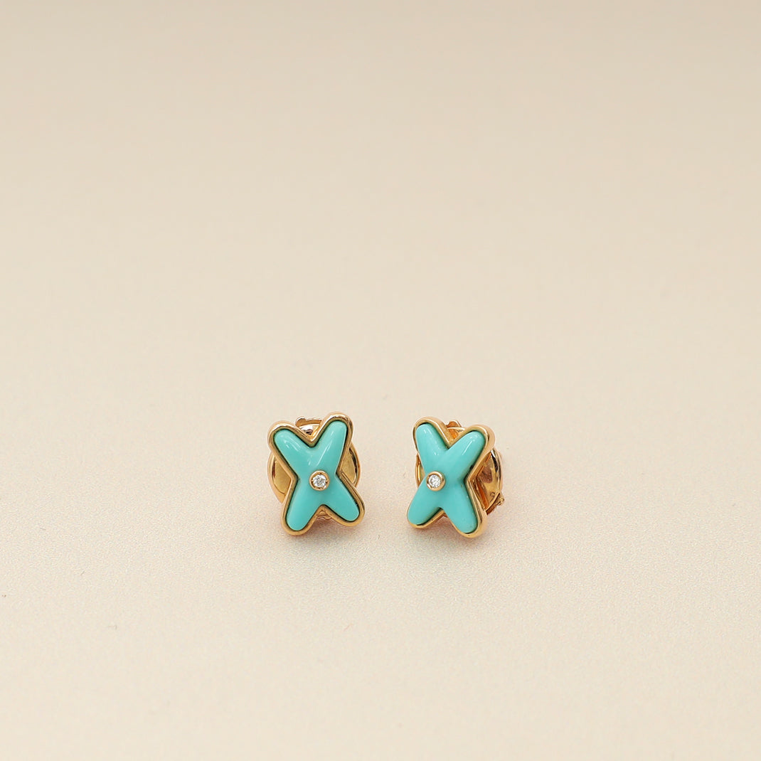 Chaumet 18K Rose Gold Jeux de Liens Diamond Turquoise Stud Earrings-Chaumet-THE CLOSET