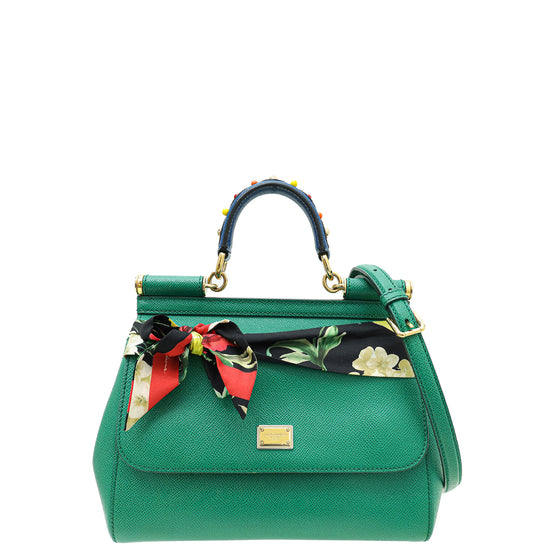 Dolce & Gabbana Green Dauphine Studded Handle Sicily Bag W/ Twilly