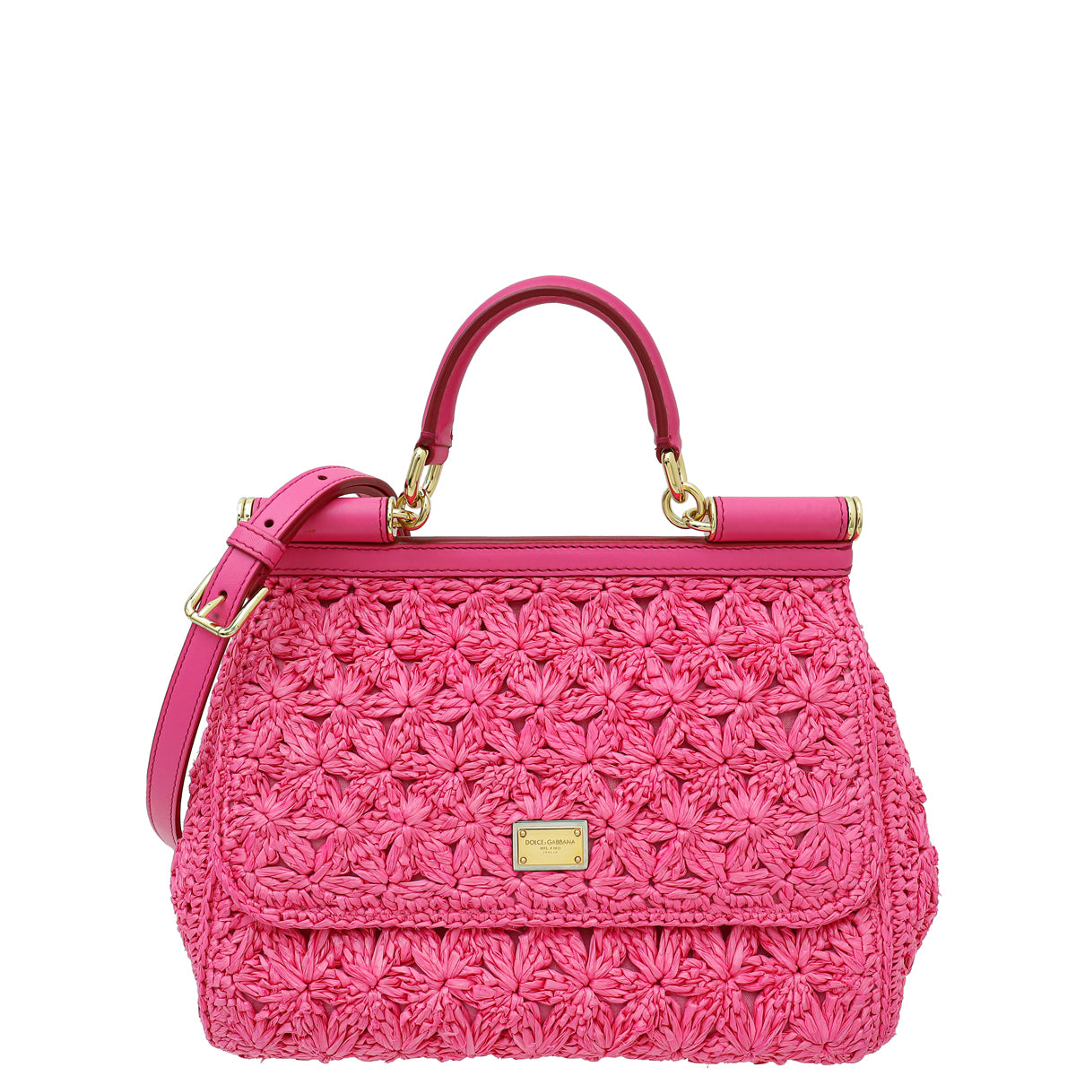 Dolce & Gabbana Fuchsia Raffia Sicily Medium Flap Bag-Dolce & Gabbana-THE CLOSET