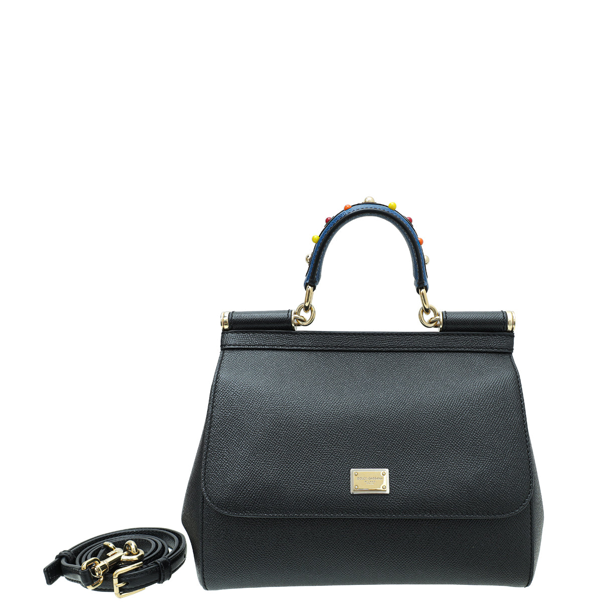 Dolce & Gabbana Black Dauphine Studded Handle Sicily Medium Bag-Dolce & Gabbana-THE CLOSET