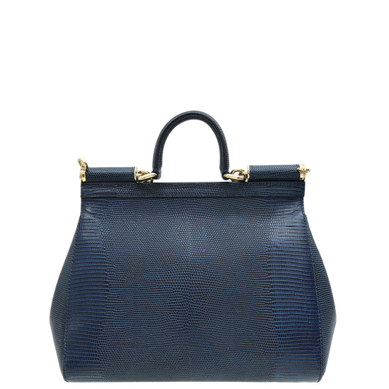 Dolce & Gabbana Navy Blue Sicily Iguana Print Medium Bag