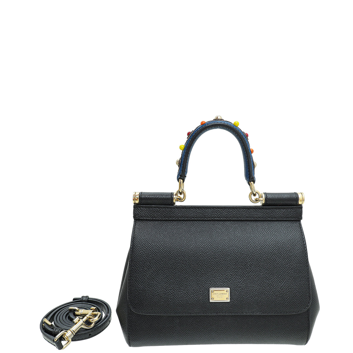 Dolce & Gabbana Black Multicolor Studded Handle Sicily Small Bag-Dolce & Gabbana-THE CLOSET