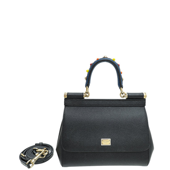 Dolce & Gabbana Black Multicolor Studded Handle Sicily Small Bag