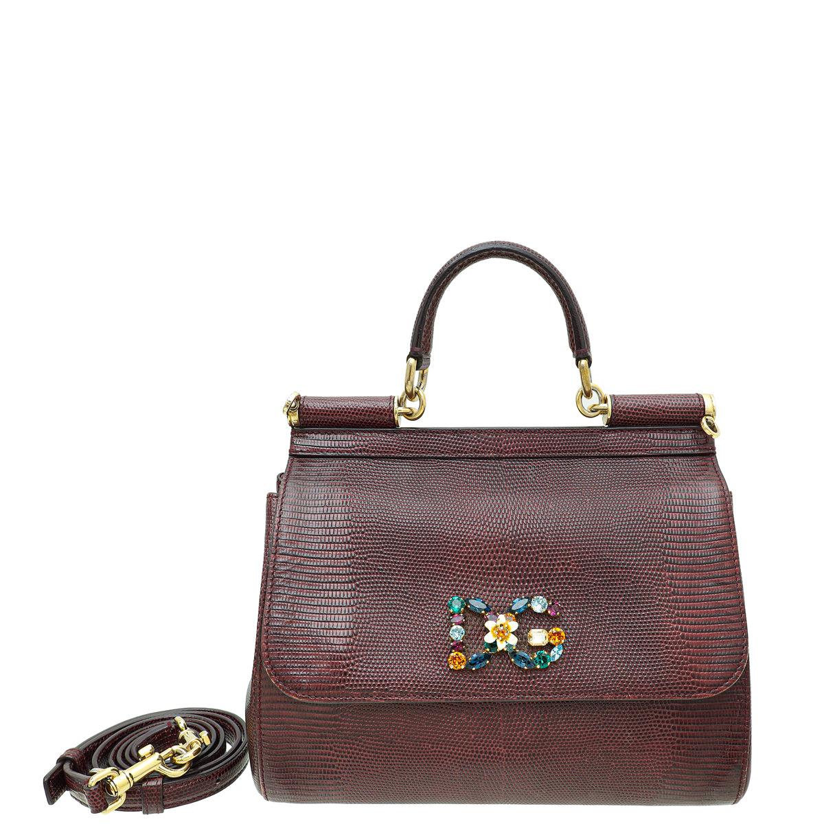 Dolce & Gabbana Burgundy Lizard Embossed DG Crystal Sicily Medium Bag-Dolce & Gabbana-THE CLOSET