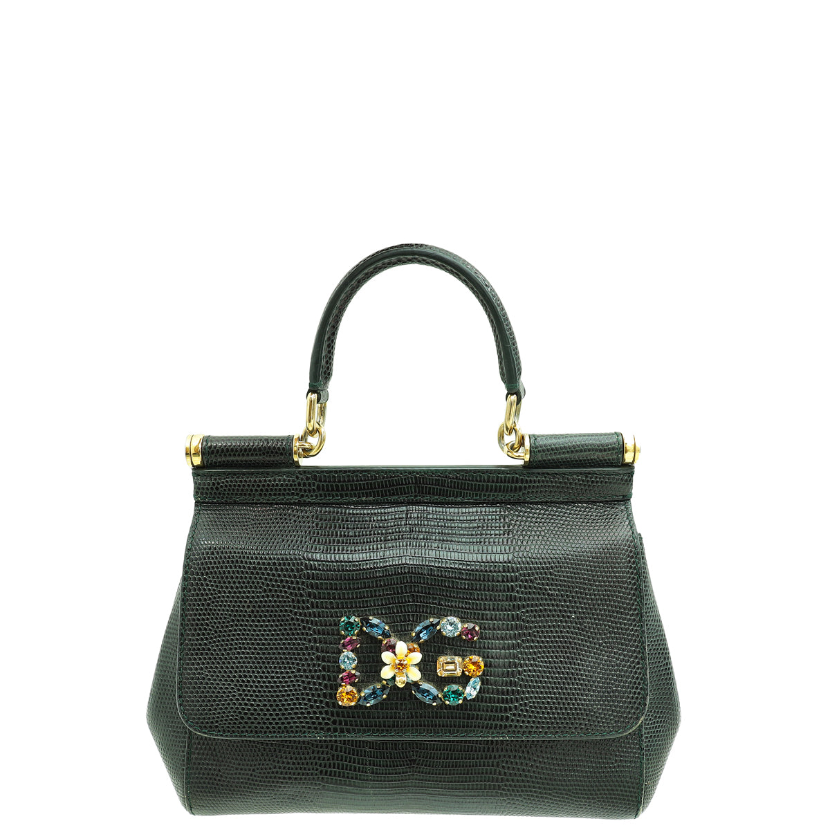 Dolce & Gabbana Dark Green Lizard Embossed Crystal Sicily Bag-Dolce & Gabbana-THE CLOSET