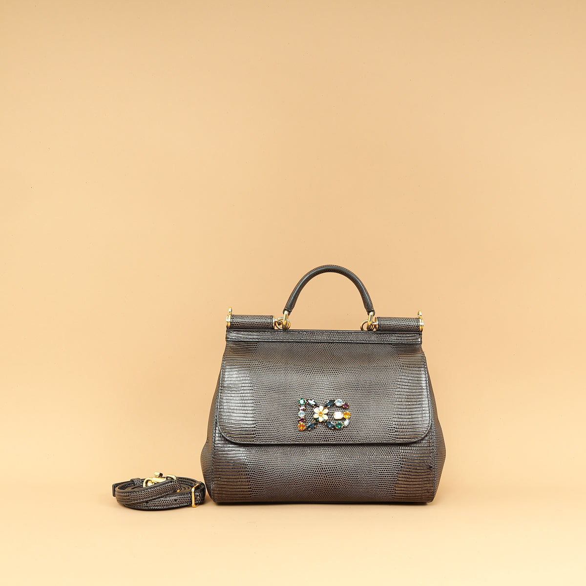 Dolce & Gabbana Dark Gray DG Crystal Medium Sicily Bag-Dolce & Gabbana-THE CLOSET