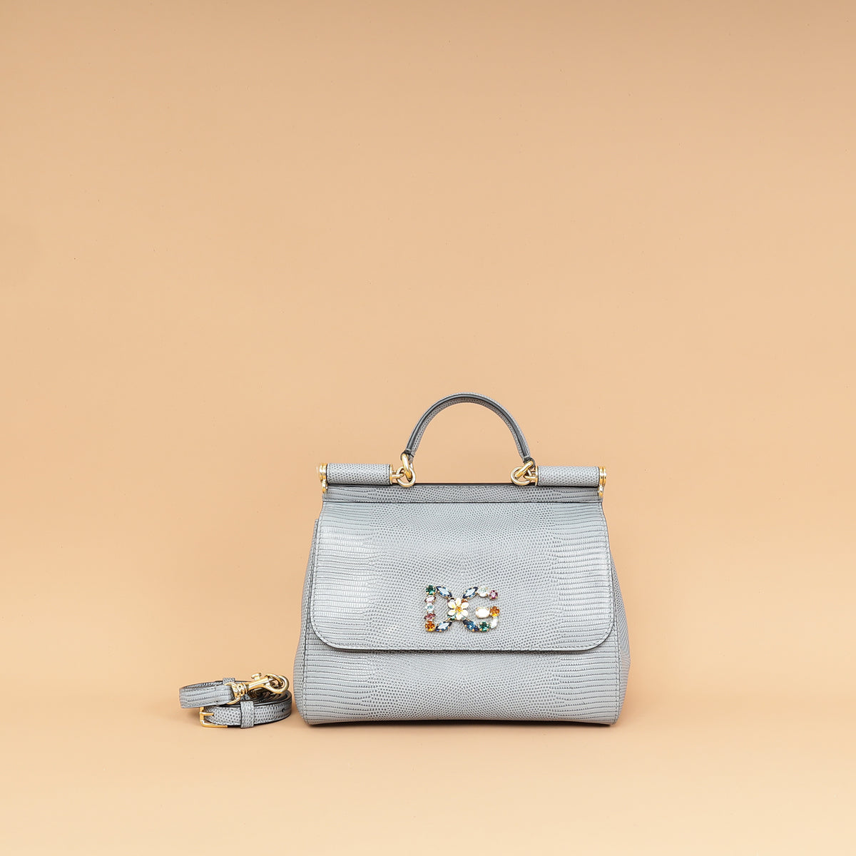 Dolce & Gabbana Light Gray DG Crystal Medium Sicily Bag-Dolce & Gabbana-THE CLOSET