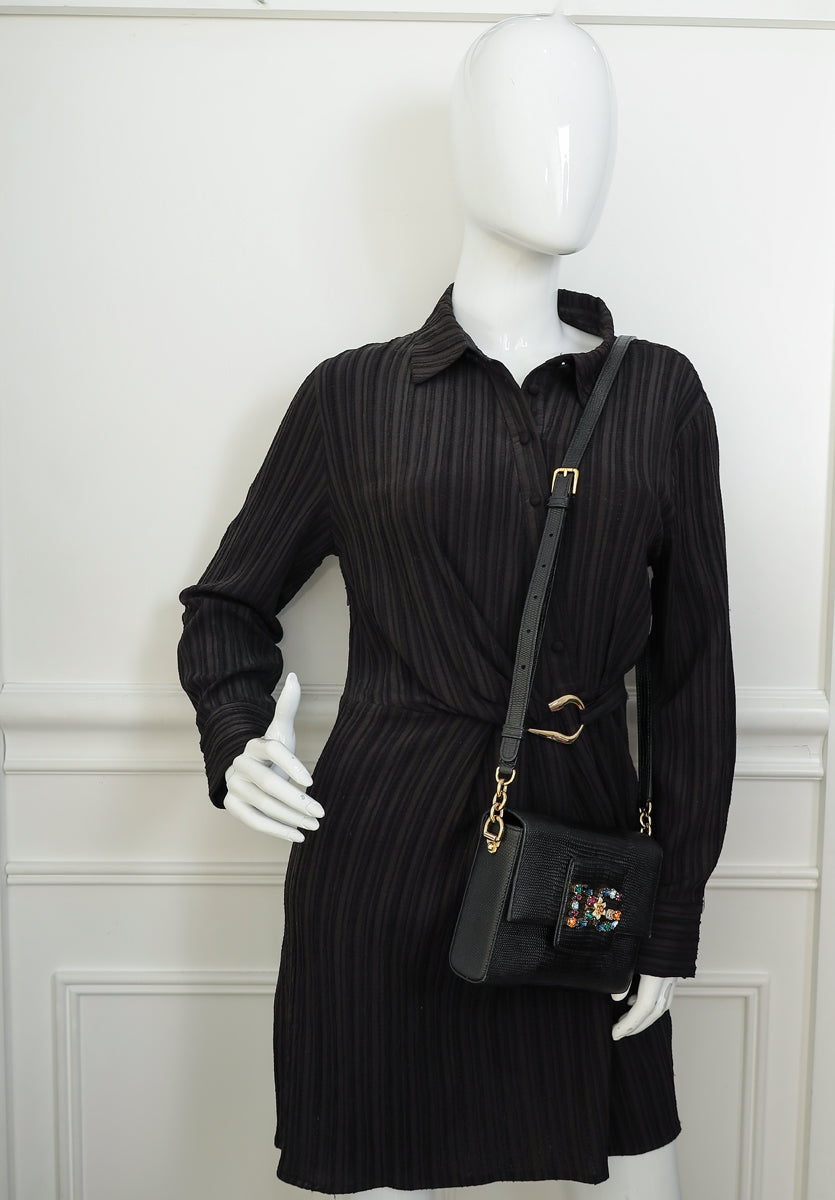 Dolce & Gabbana Black Lizard Embossed DG Millennials Flap Shoulder