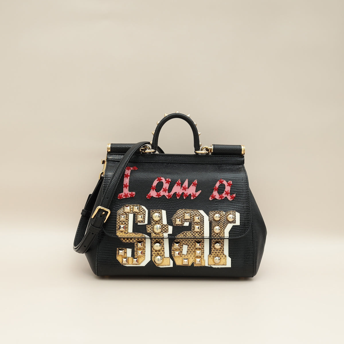 Dolce & Gabbana Black Sicily Am A Star Studs Embellished Iguana Print Medium Bag-Dolce & Gabbana-THE CLOSET