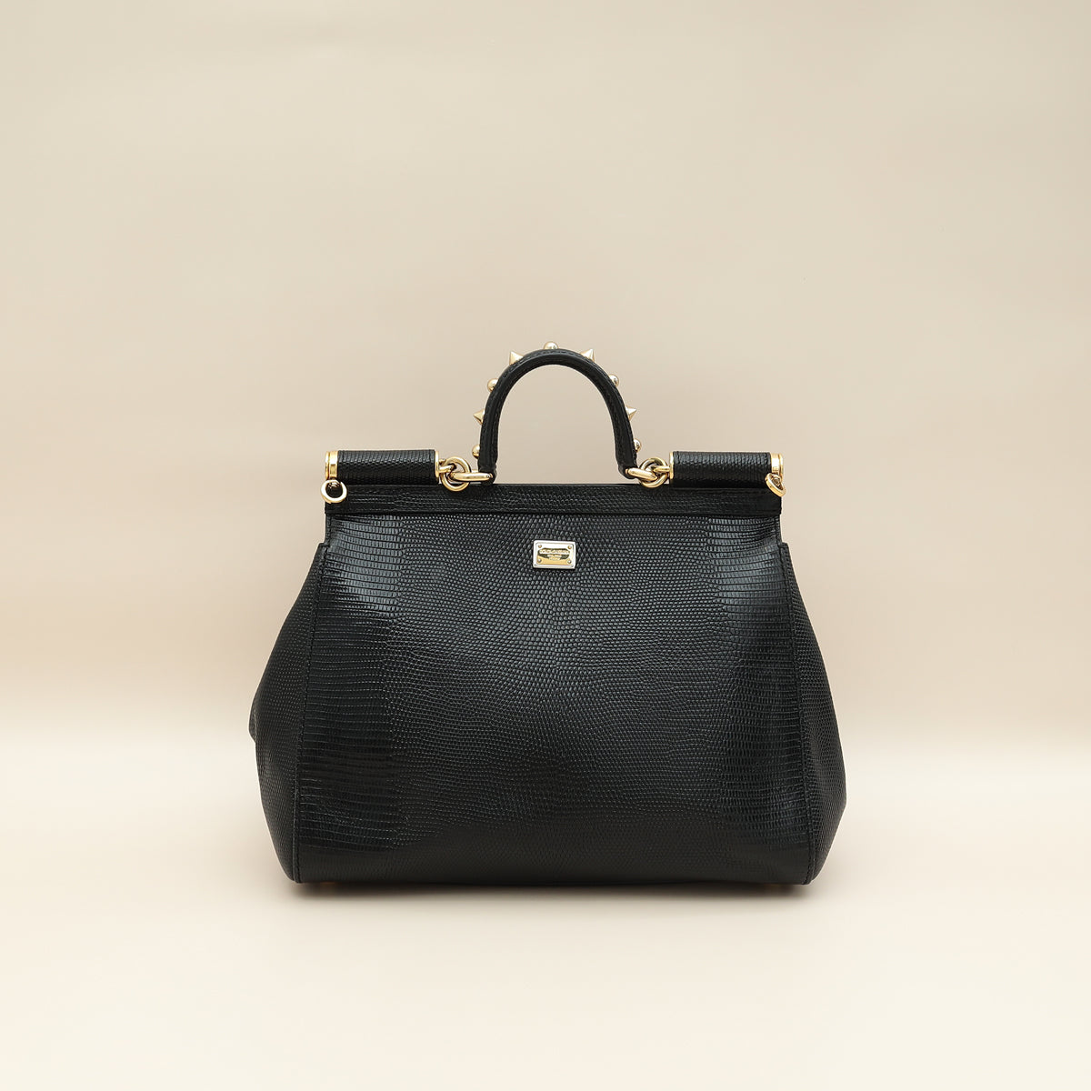 Dolce & Gabbana Black Sicily Am A Star Studs Embellished Iguana Print Medium Bag-Dolce & Gabbana-THE CLOSET