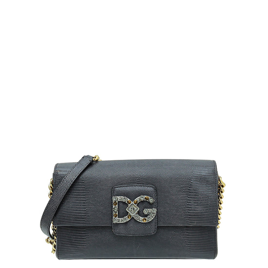 Dolce & Gabbana Grey Lizard Embossed DG Millennials Flap Bag