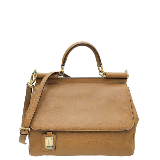 Dolce & Gabbana Camel Dauphine Front Zipped Pocket Sicily Bag