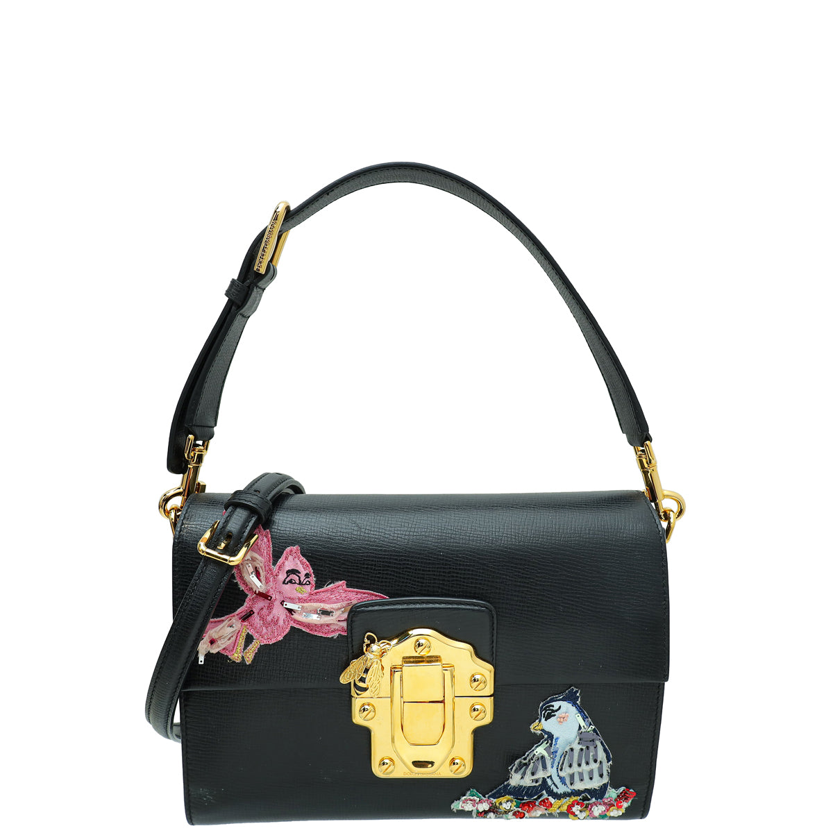Dolce & Gabbana Black Lucia Bird Applique Embroidered Shoulder Bag-Dolce & Gabbana-THE CLOSET