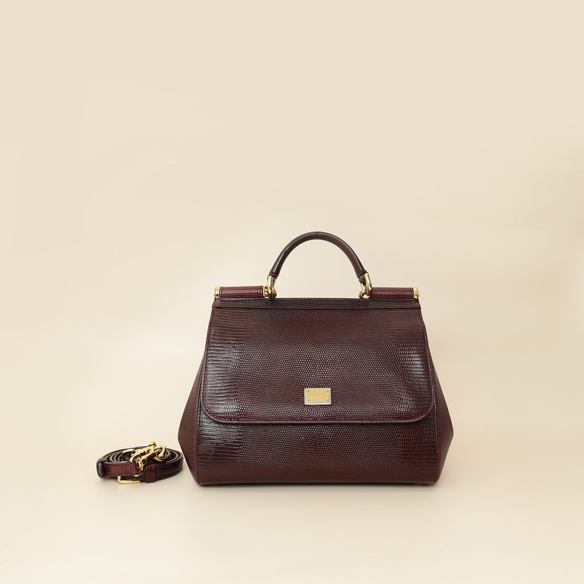 Dolce & Gabbana Bordeaux Lizard Embossed Sicily Medium Bag-Dolce & Gabbana-THE CLOSET
