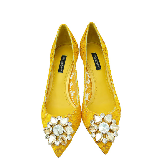 Dolce & Gabbana Yellow Bellucci Lace Embellished Pump 37