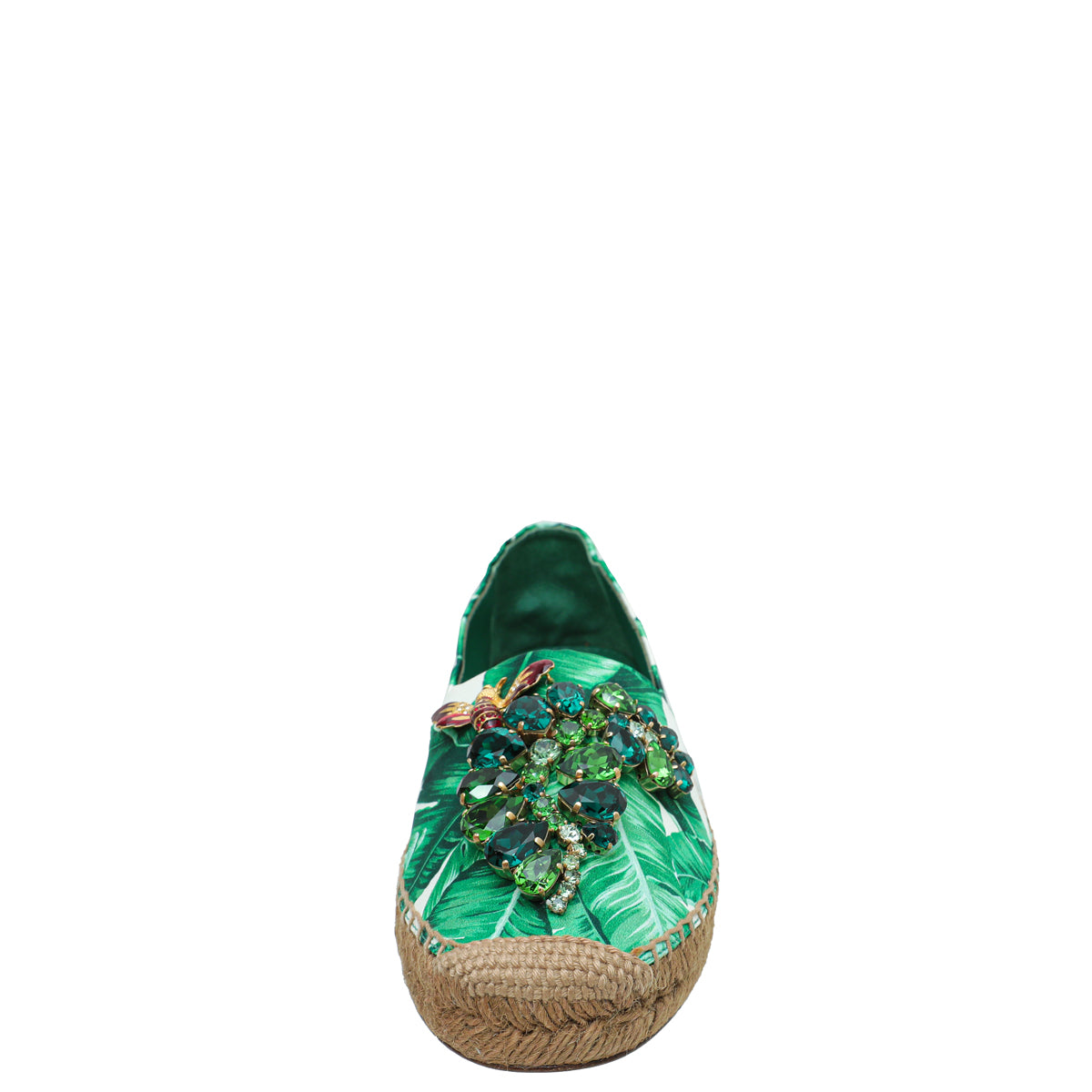 Dolce & Gabbana Green Banana Leaf Print Crystal Embellished Espadrille 37