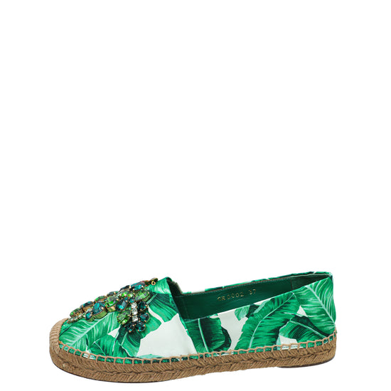 Dolce & Gabbana Green Banana Leaf Print Crystal Embellished Espadrille 37