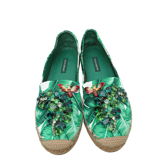 Dolce & Gabbana Green Banana Leaf Print Crystal Embellished Espadrille 37