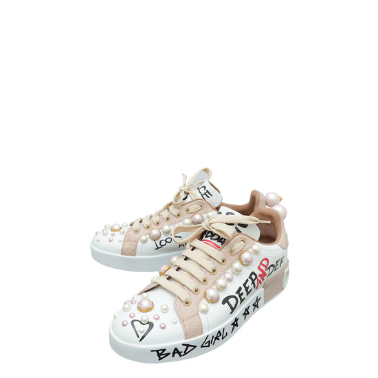 Dolce & Gabbana Bicolor Graffiti Pearl Embellished Portofino Sneakers 38