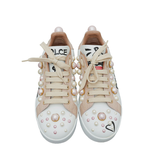 Dolce & Gabbana Bicolor Graffiti Pearl Embellished Portofino Sneakers 38