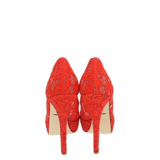 Dolce & Gabbana Red Lace Platform Peep Tote Pumps 41