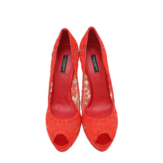 Dolce & Gabbana Red Lace Platform Peep Tote Pumps 41