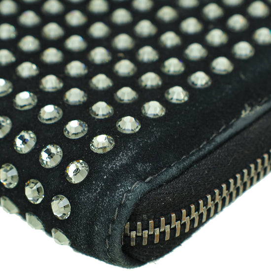 Dolce & Gabbana Black Suede Crystal Studded Zipped Around Long Wallet