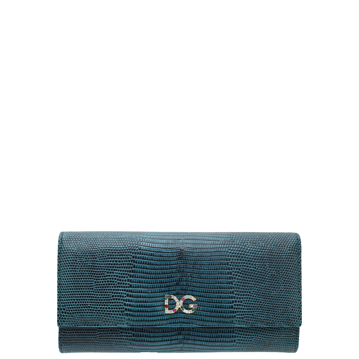 Dolce & Gabbana Teal DG Crystal Iguana Print Continental Wallet