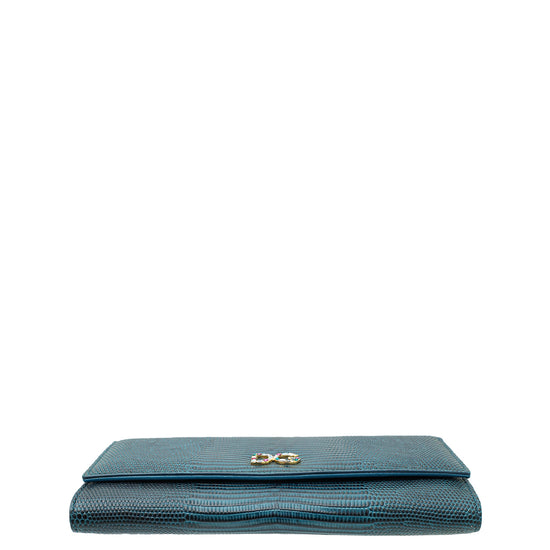 Dolce & Gabbana Teal DG Crystal Iguana Print Continental Wallet