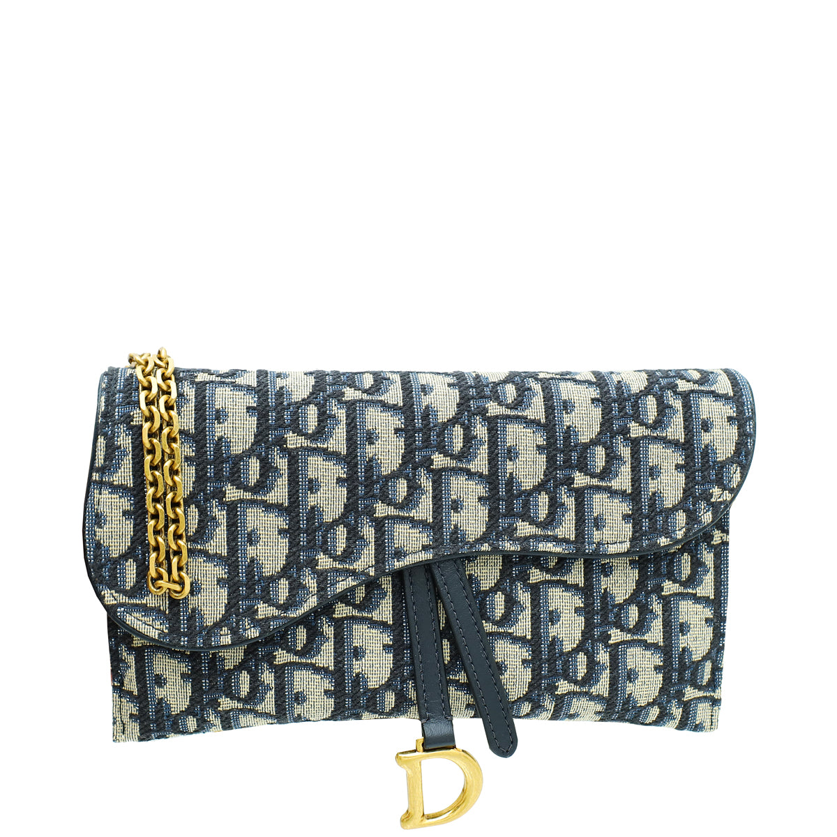 Christian Dior Navy Blue Oblique Jacquard Saddle Chain Wallet-Christian Dior-THE CLOSET