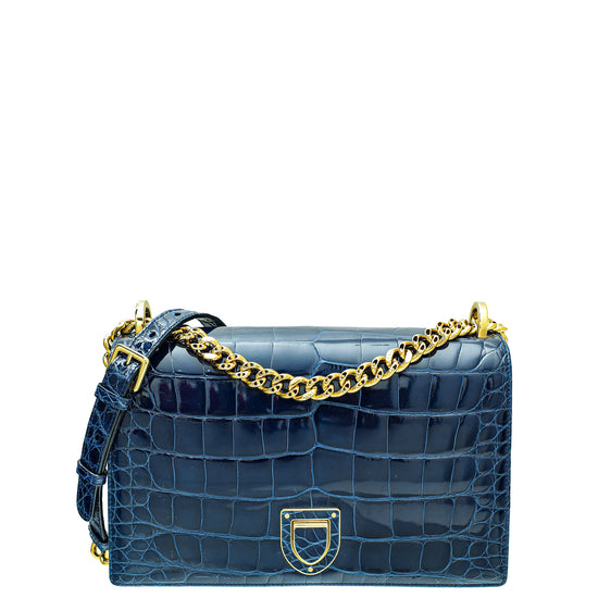 Christian Dior Saphire Blue Shiny Alligator Diorama Flap Medium Bag