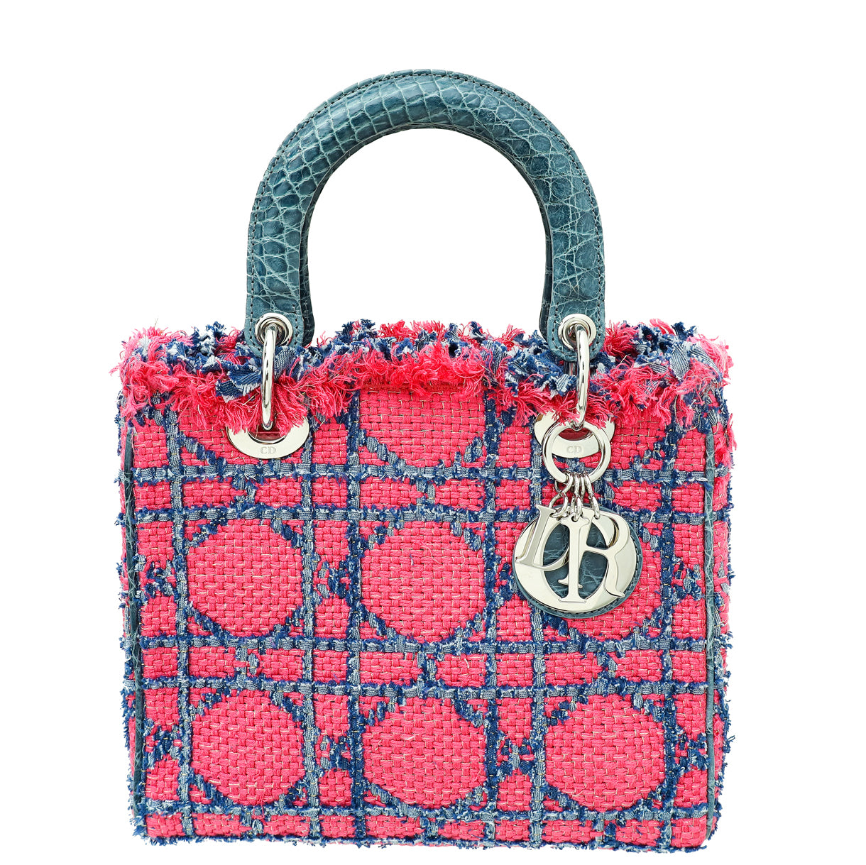 Christian Dior Bicolor Tweed Fringe Crocodile Handle Lady Dior Medium Bag-Christian Dior-THE CLOSET
