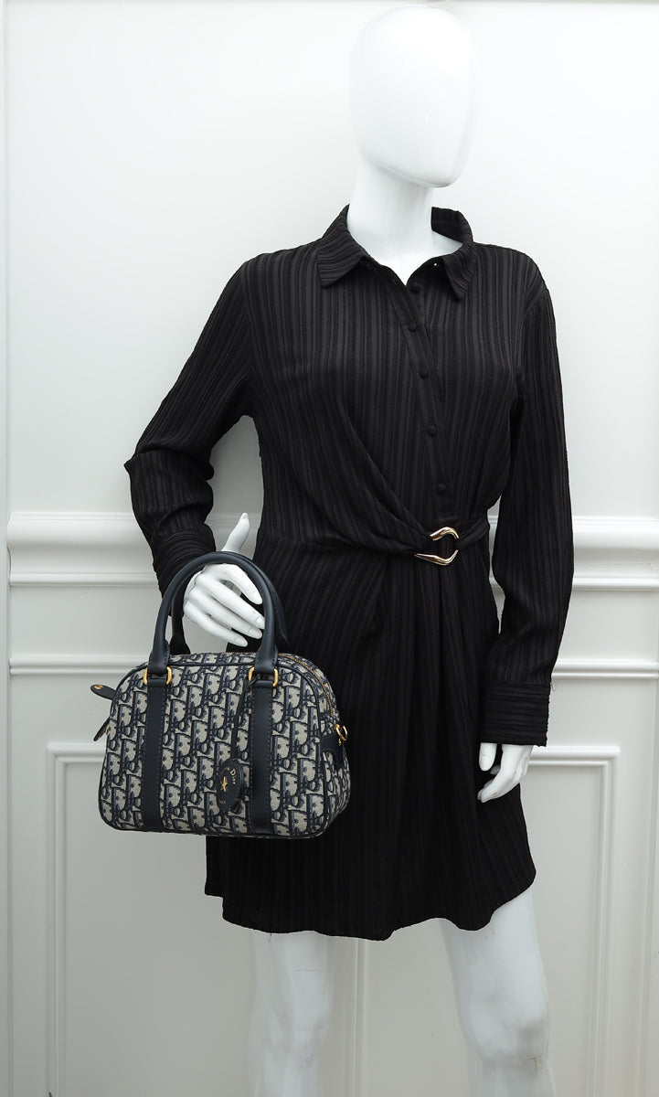 Christian Dior Navy Blue Oblique D-Vibe Medium Bowling Bag