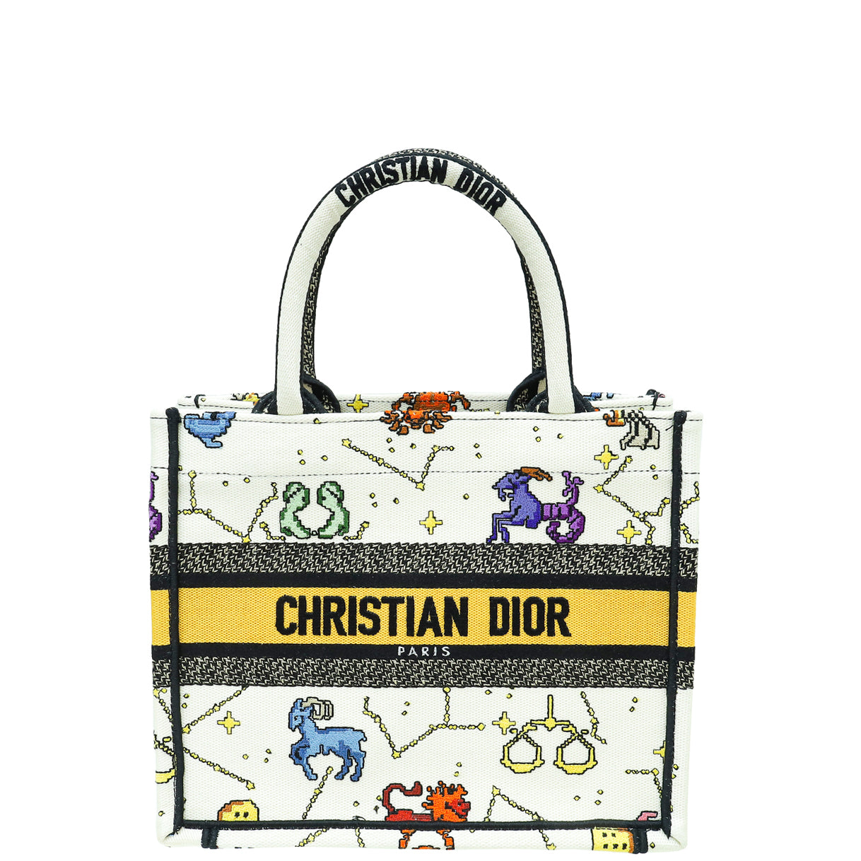 Christian Dior White Multicolor Pixel Zodiac Embroidery Small Book Tote Bag-Christian Dior-THE CLOSET