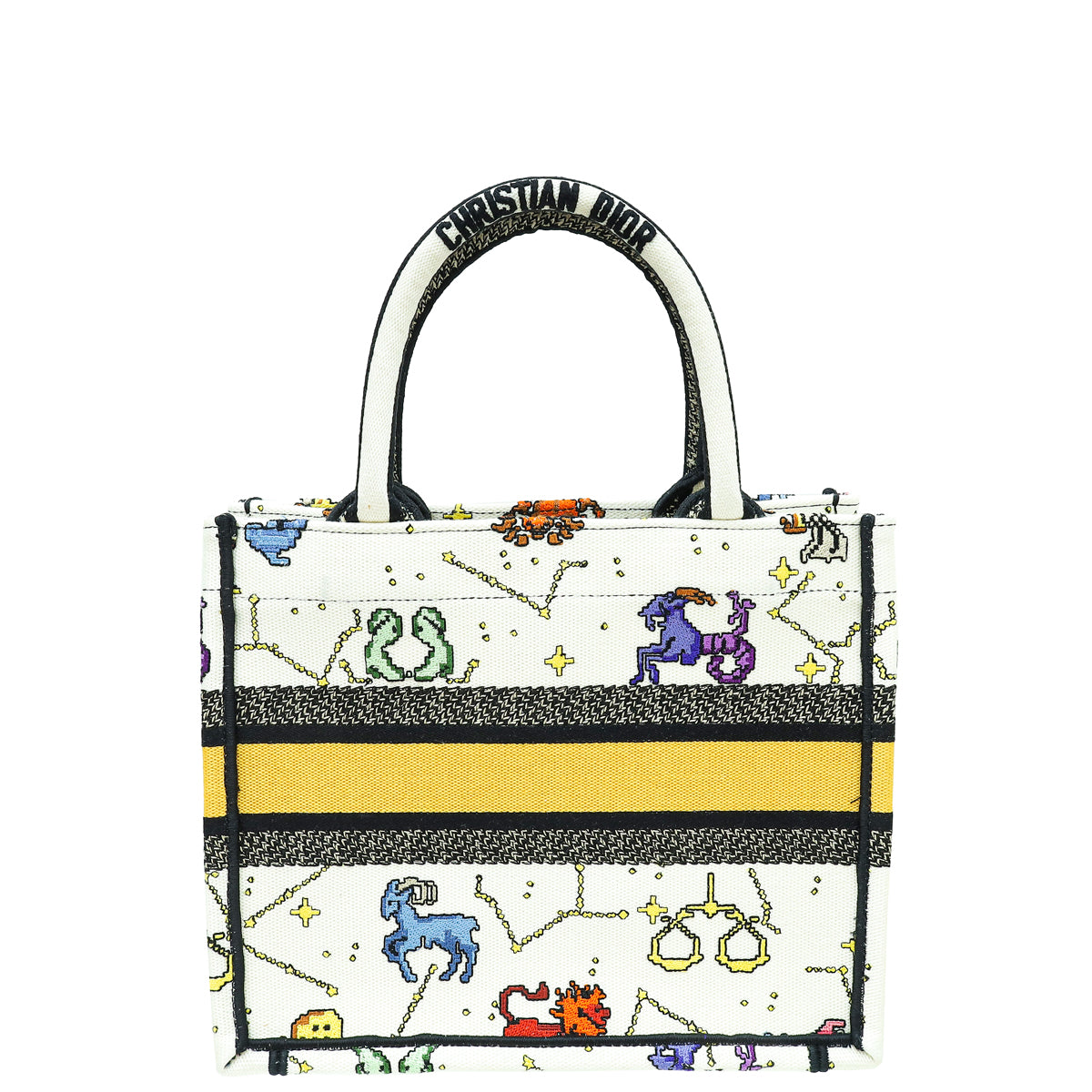 Christian Dior White Multicolor Pixel Zodiac Embroidery Small Book Tote Bag-Christian Dior-THE CLOSET