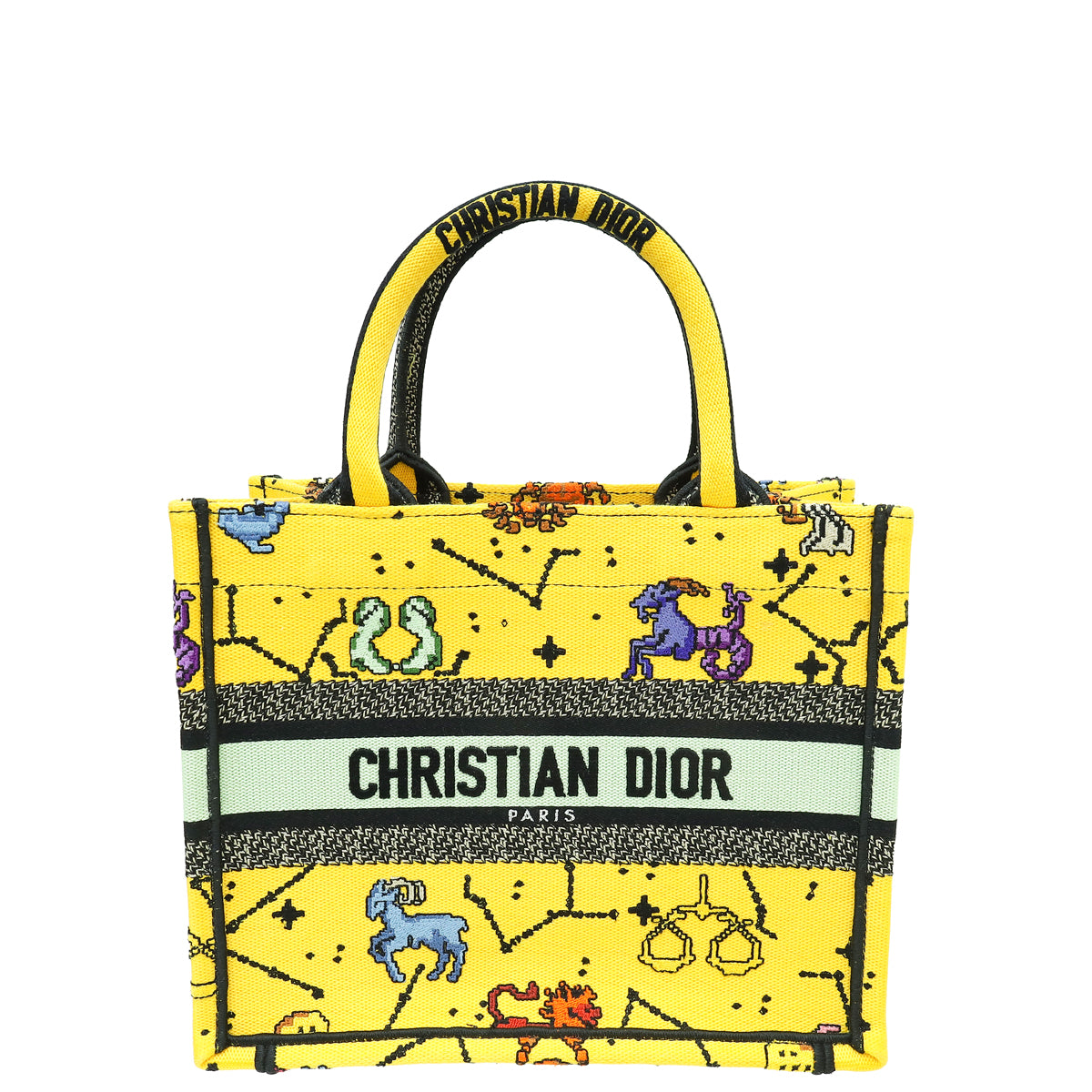 Christian Dior Yellow Multicolor Pixel Zodiac Embroidered Book Tote Small Bag-Christian Dior-THE CLOSET