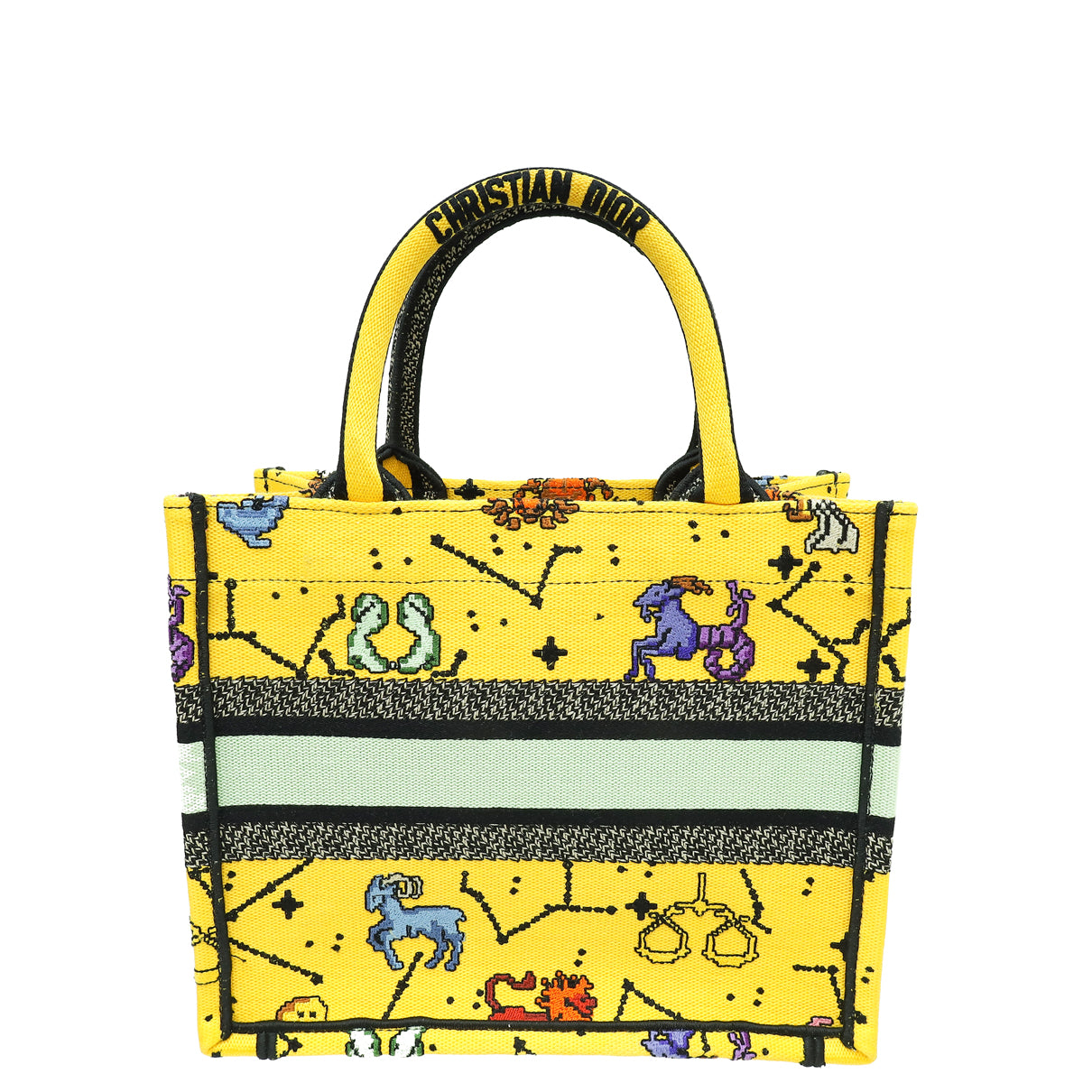 Christian Dior Yellow Multicolor Pixel Zodiac Embroidered Book Tote Small Bag