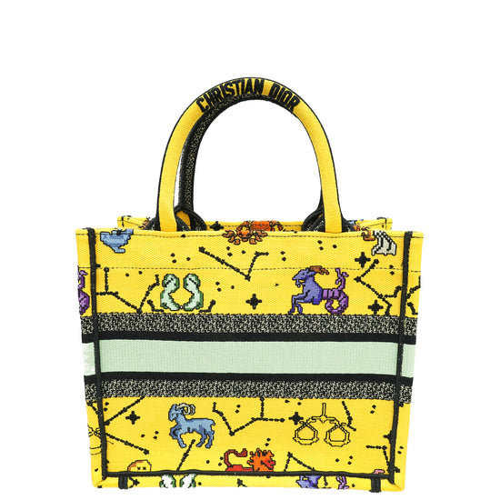 Christian Dior Yellow Multicolor Pixel Zodiac Embroidered Book Tote Small Bag