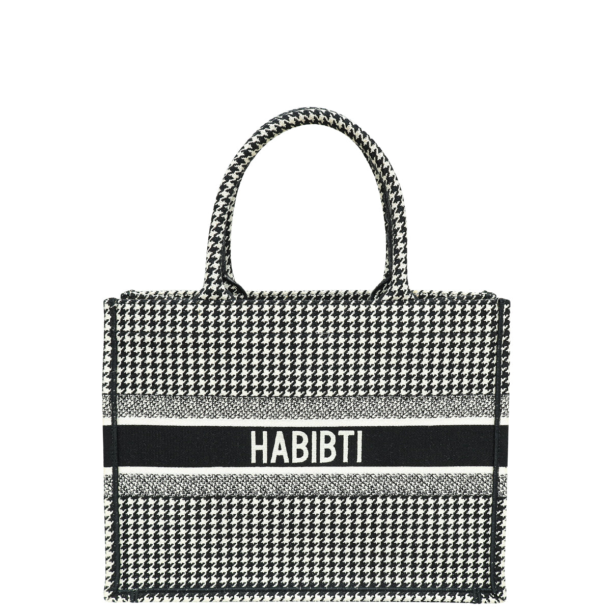 Christian Dior Bicolor Houndstooth Embroidery Book Tote Medium Bag W/ "Habibti"-Christian Dior-THE CLOSET