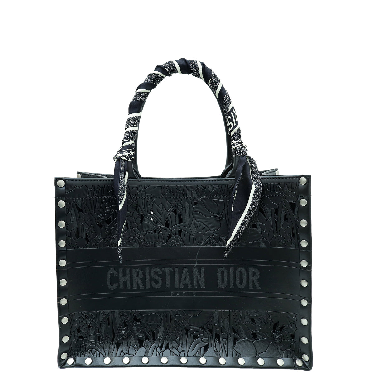 Christian Dior Black Laser Cut Studded Book Medium Tote Bag W/ Twilly-Christian Dior-THE CLOSET