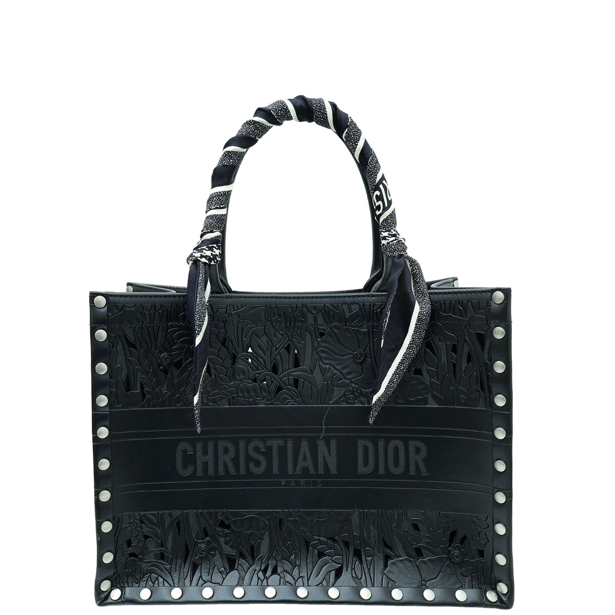 Christian Dior Black Laser Cut Studded Book Medium Tote Bag W/ Twilly