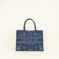 Christian Dior Navy Blue Denim Flowers Embroidered Medium Book Tote Bag
