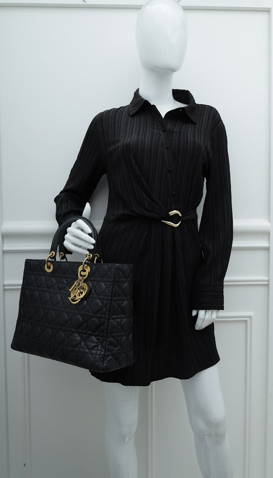 Christian Dior Black Lady Dior Lambskin Large Bag