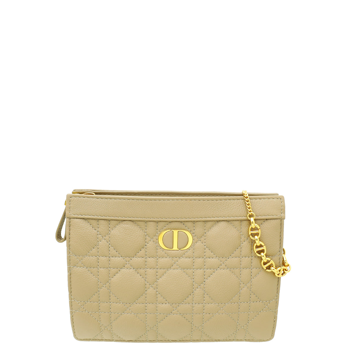 Christian Dior Beige Caro Zipped Pouch With Chain-Christian Dior-THE CLOSET